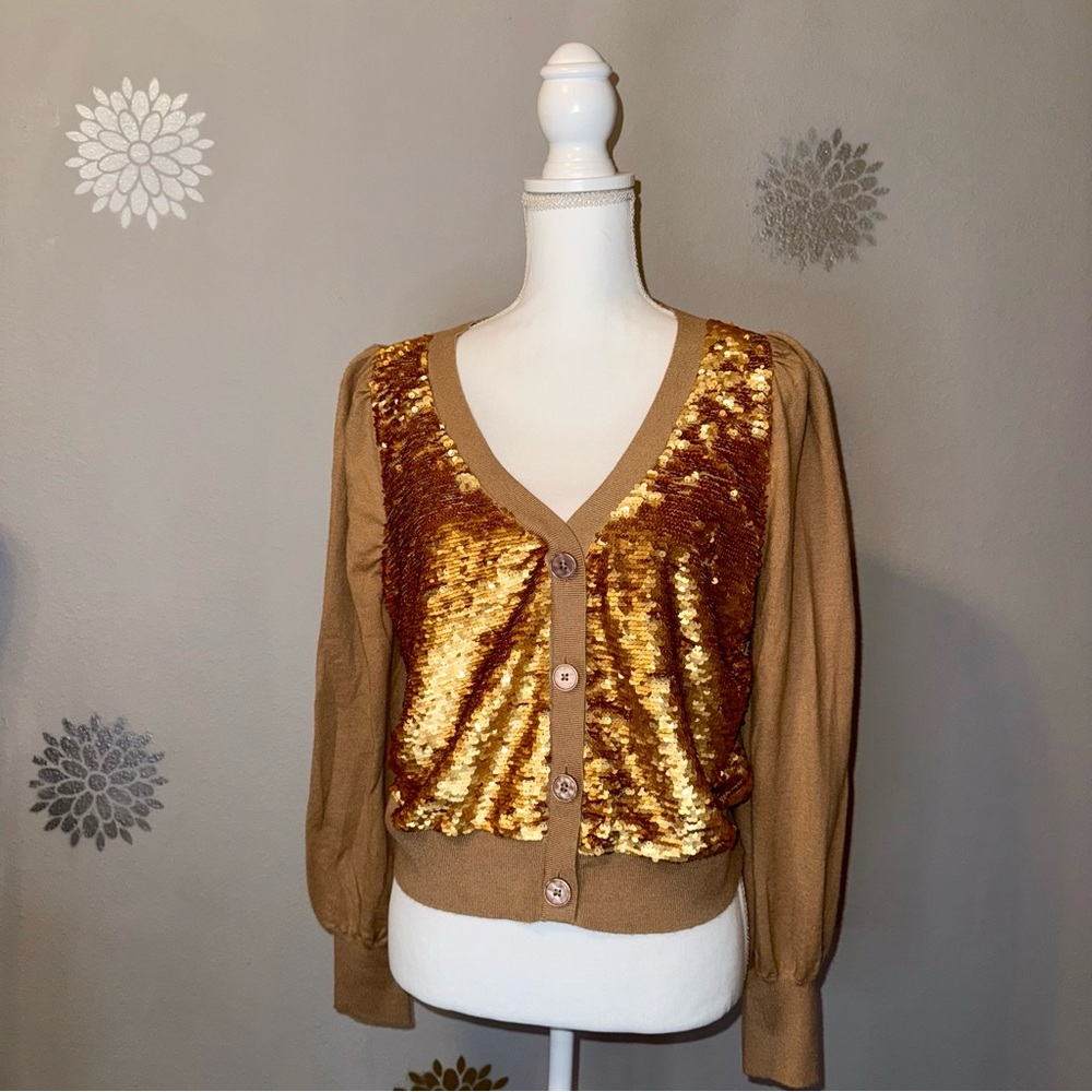 Gold Sequin Bling Glam Cardigan‎ Sweater Holiday Party Festive Ladies Large